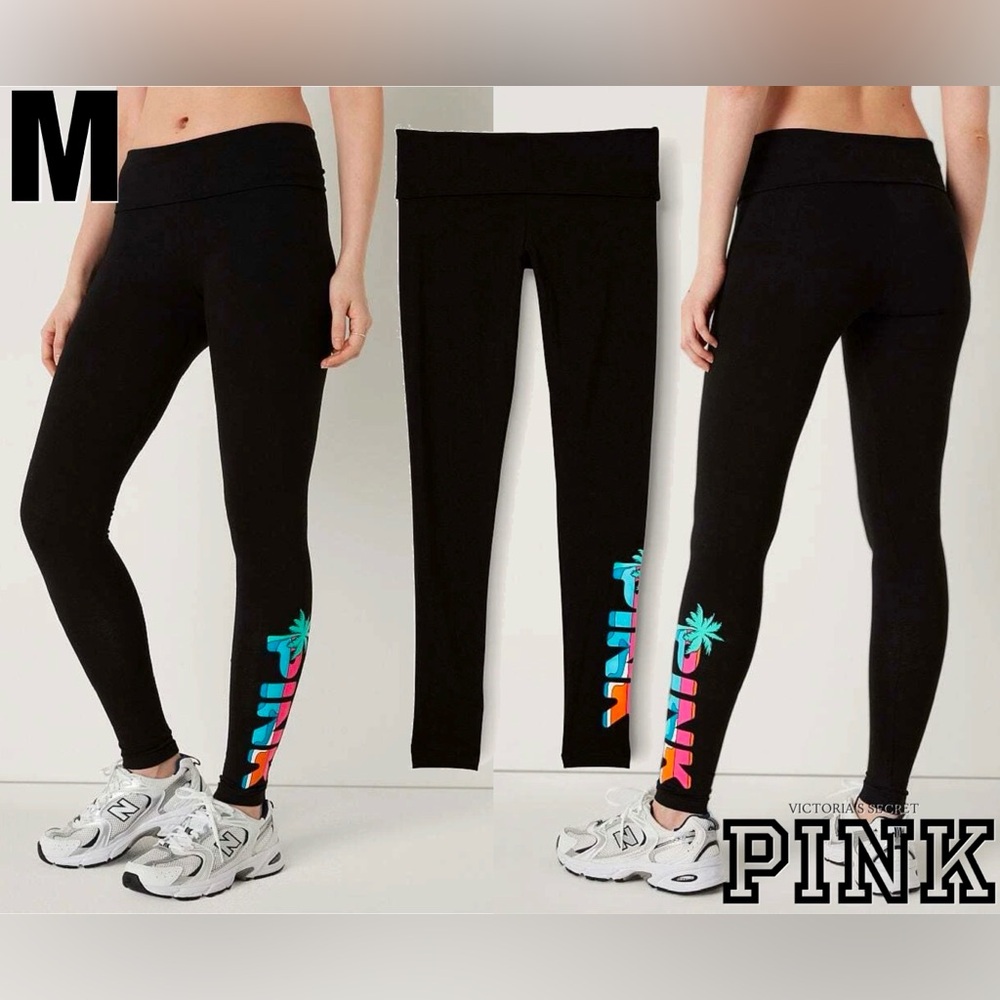 NWOT Victoria's Secret PINK Black Foldover Leggings MEDIUM
